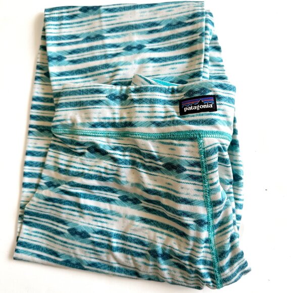 Patagonia Girls Capilene Base Layer Leggings Pants Sz L 12 Green & White Stripes - Picture 2 of 8
